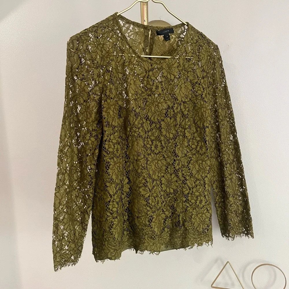 J. Crew Olive Lace Fairy gorpcore floral casual neutral Blouse size 8